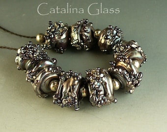 Lampwork Glass Beads  SRA Silver Plum Nuggets from the Mine by Catalina Glass./