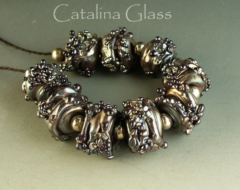 Lampwork Glass Beads SRA Silver Plum Nuggets from the Mine by Catalina Glass./ image 1
