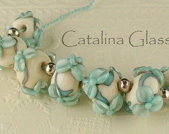 Lampwork Glass Beads Ivory and Copper Green SRA Handmade   by Catalina Glass MTO