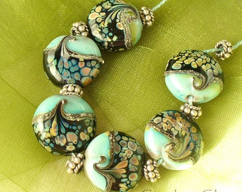 SRA Handmade Lampwork Beads Copper Green and Raku  by Catalina Glass MTO
