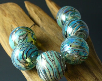 Lampwork beads/SRA lampwork beads/beads/rainbow/blue green/Double Helix/artisan lampwork/luster/metallic/