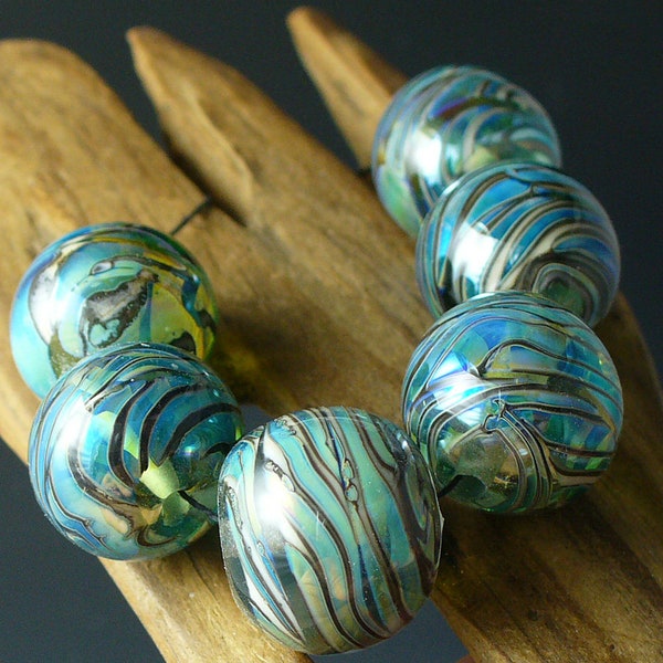 Lampwork beads/SRA lampwork beads/beads/rainbow/blue green/Double Helix/artisan lampwork/luster/metallic/