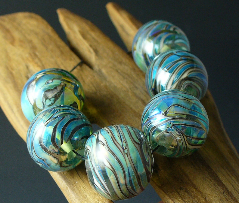 Lampwork beads/SRA lampwork beads/beads/rainbow/blue green/Double Helix/artisan lampwork/luster/metallic/ image 1