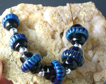 Lampwork Beads/SRA lampwork/Double Helix/nuggets/catalinaglass/blue/handmade supplies/jewelry components