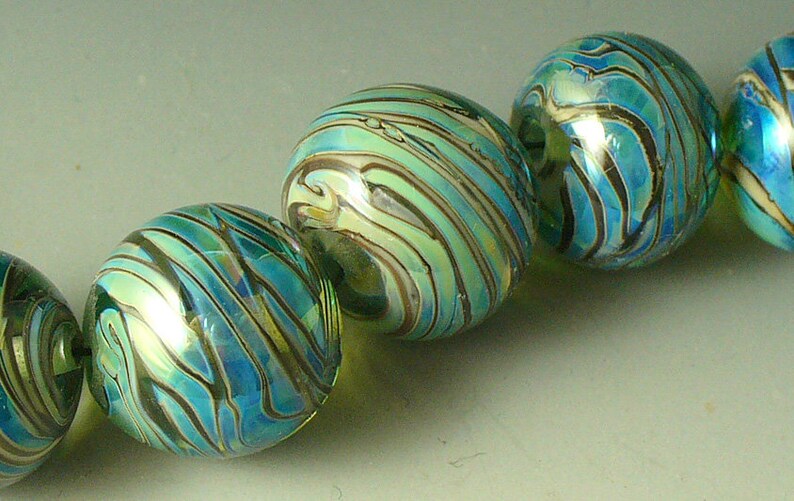 Lampwork beads/SRA lampwork beads/beads/rainbow/blue green/Double Helix/artisan lampwork/luster/metallic/ image 2