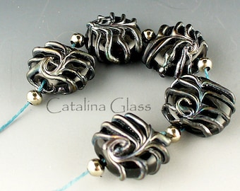 Lampwork beads/glass beads/handmade lampwork/artisan lampwork/sra handmade glass/black metallic/steampunk/lampwork glass beads/black/MTO