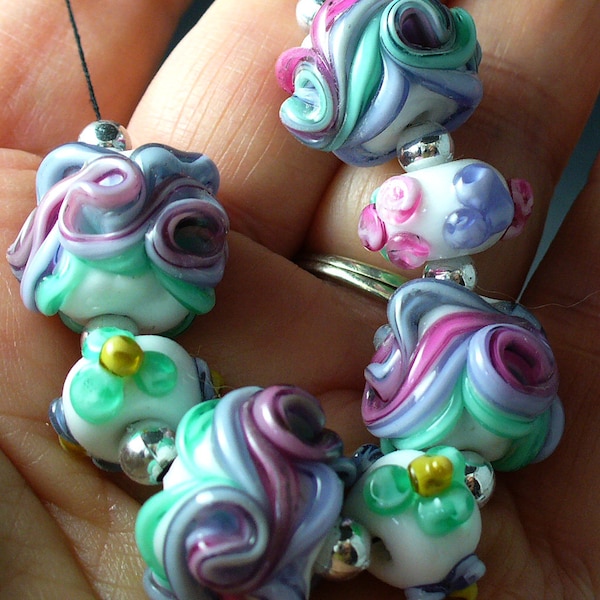 Lampwork beads/Catalinaglass/SRA lampwork/ribbons/pin/blue/purple/handmade supplies/MTO