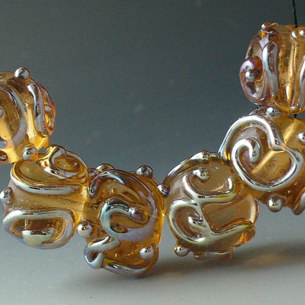 Lampwork beads/SRA lampwork/catalinaglass/Double Helix/gold and peach/handmade supplies