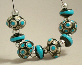 Lampwork beads/SRA Lampwork/beads/lampwork glass/turquoise/silver/black/silvered ivory/MTO