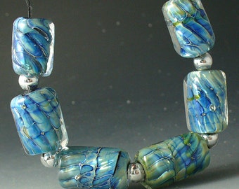Blue Satin Spirals- /Double Helix/silver blue/SRA lampwork/catalinaglass/handmade supplies/