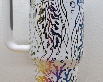40oz Jellyfish laser engraved tumbler with custom name, ocean