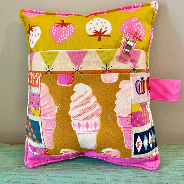 Ice Cream Social Fabric Handmade Pin Cushion with Pocket. Ruby Star Society fabric. Pincushion gift for sewists. Deluxe Pin Cushion