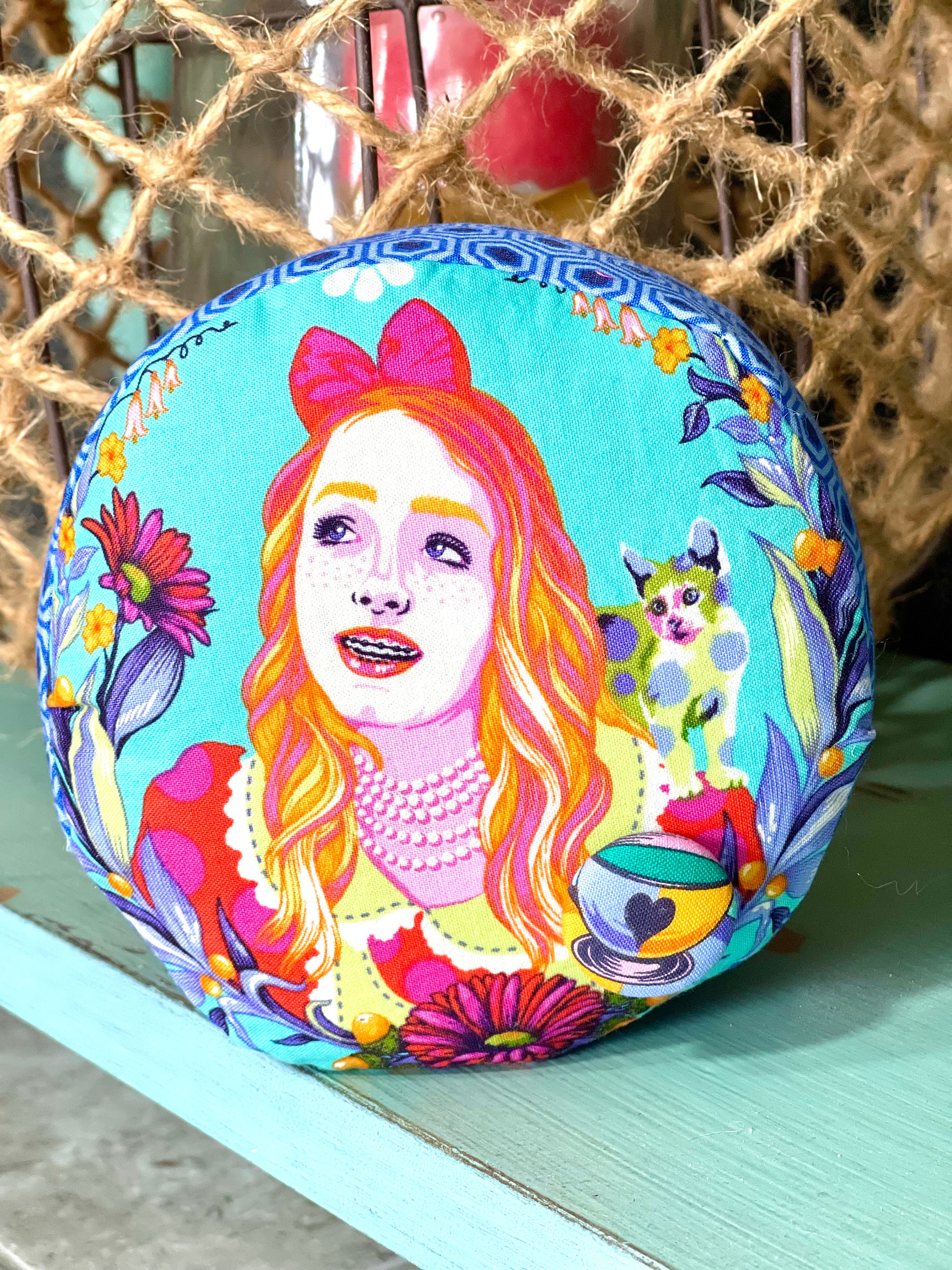 Tula Pink Curiouser Fabric Pincushion, Alice Wonderland Fabric, Large Round Pincushion, Handmade