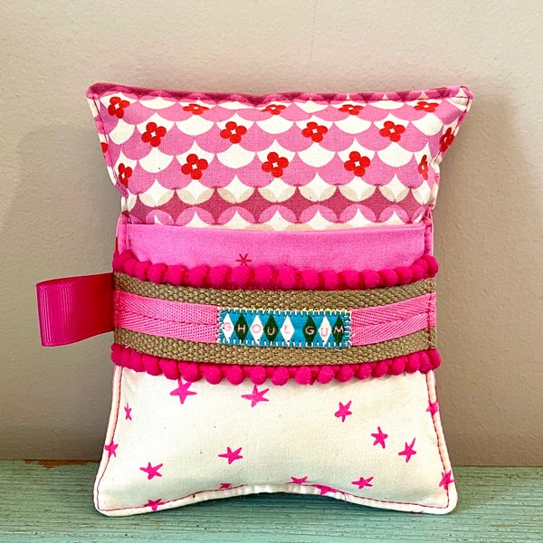 Handmade Pin Cushion with Pocket made with Starry and Petunia fabric by Ruby Star Society. Pincushion gift for sewists. Deluxe Pin Cushion