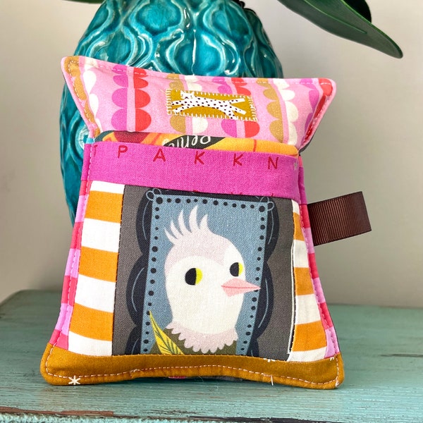 OOOK Whimsical Booksmart Handmade Pincushion with Pocket made with Spoonflower fabric features a cute Deluxe Pincushion