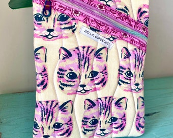 Handmade Hemingway Zipper Pouch  to store a book, iPad, Kindle. A Protective case folio made from Ruby Star Reading Nook Meow Cat Canvas