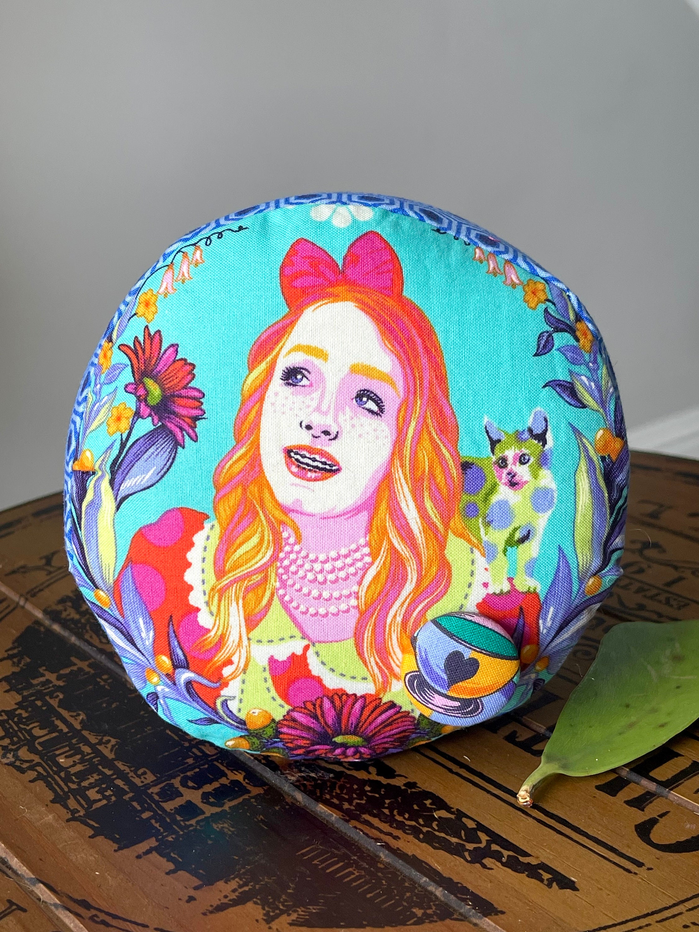 Tula Pink Curiouser Fabric Pincushion, Alice Wonderland Fabric, Large Round Pincushion, Handmade