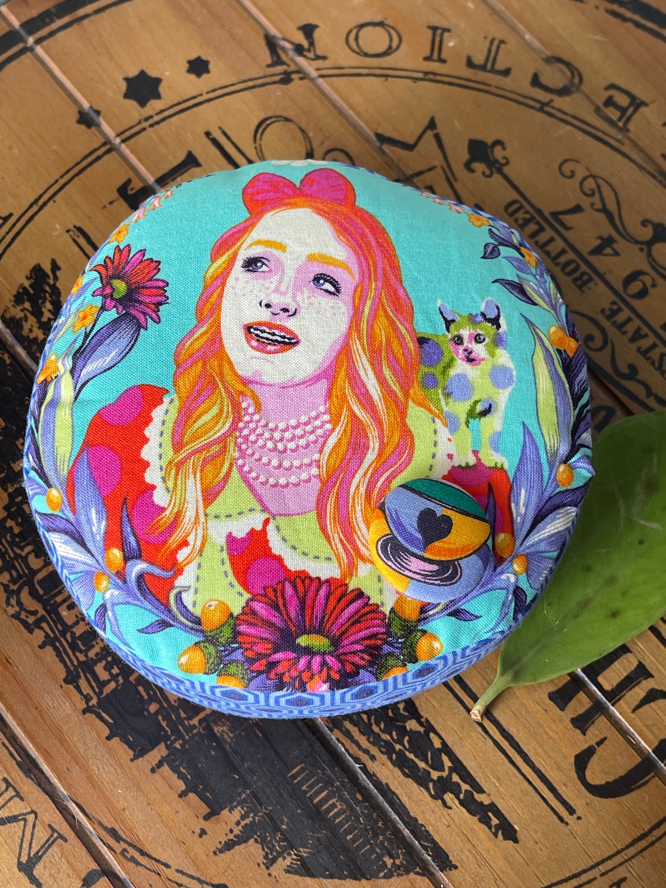 Tula Pink Curiouser Fabric Pincushion, Alice Wonderland Fabric, Large Round Pincushion, Handmade