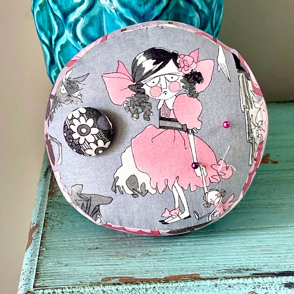 Ghastlies fabric pincushion,  Large Round Pincushion with handmade button.  Handmade gift for sewers quilters sewing accessory