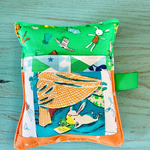 Handmade Pin Cushion with front Pocket made with Heather Ross Lucky Rabbit fabric. Hand made Pincushion gift for sewists. Deluxe Pin Cushion