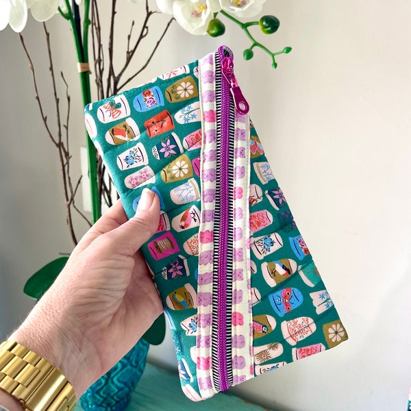 Handmade  Hemingway Zipper Pouch with Zipper to store pencils or small valuables. Made from Dashwood Thimble fabric