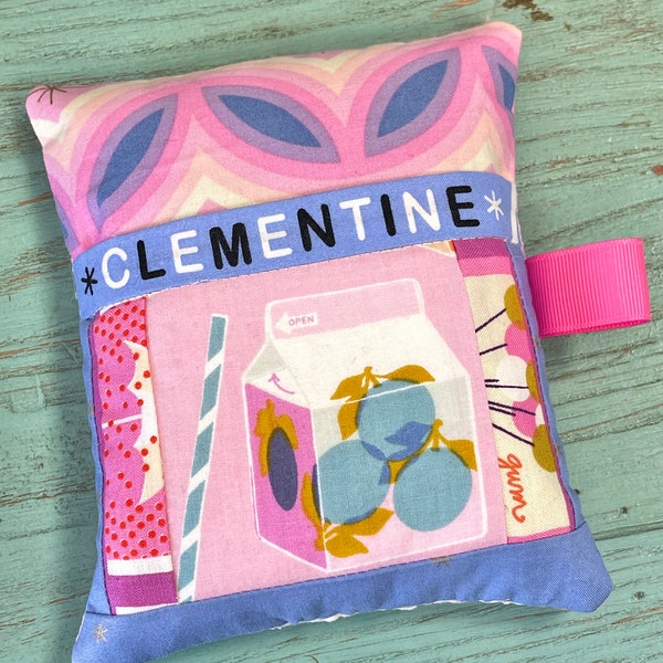 Handmade Pin Cushion with Pocket made with Ruby Star Clementine Fabric and Pink Clementine Milk Carton Deluxe Pin Cushion