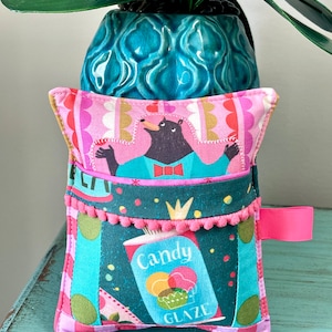 OOOK Whimsical Handmade Pincushion with Pocket made with Spoonflower fabric features a cute bear and bunny fabric on back Deluxe Pincushion