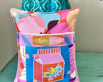 Handmade Pincushion with Pocket made with Ruby Star Clementine Fabric and Clementine Milk Carton Deluxe Pin Cushion