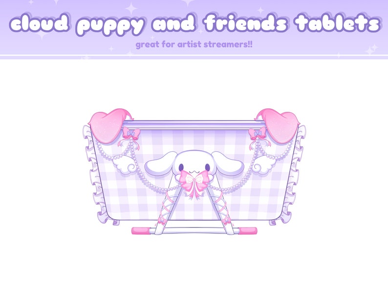 May include: A purple and white checkered tablet stand with a pink heart and a white bunny with a pink bow. The stand has a pink and white ribbon and a pearl chain hanging from it. The text "cloud puppy and friends tablets" is at the top of the image and the text "great for artist streamers!" is below the stand.