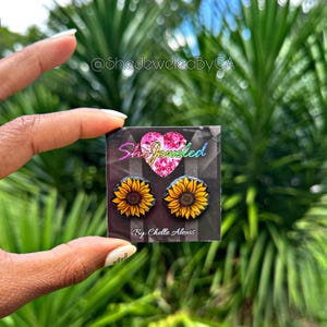 Hand Drawn Sunflower Stud Shrink Plastic Earrings Handmade Hypoallergenic Gold Or Silver Backing Clear Or Glitter Resin Finish