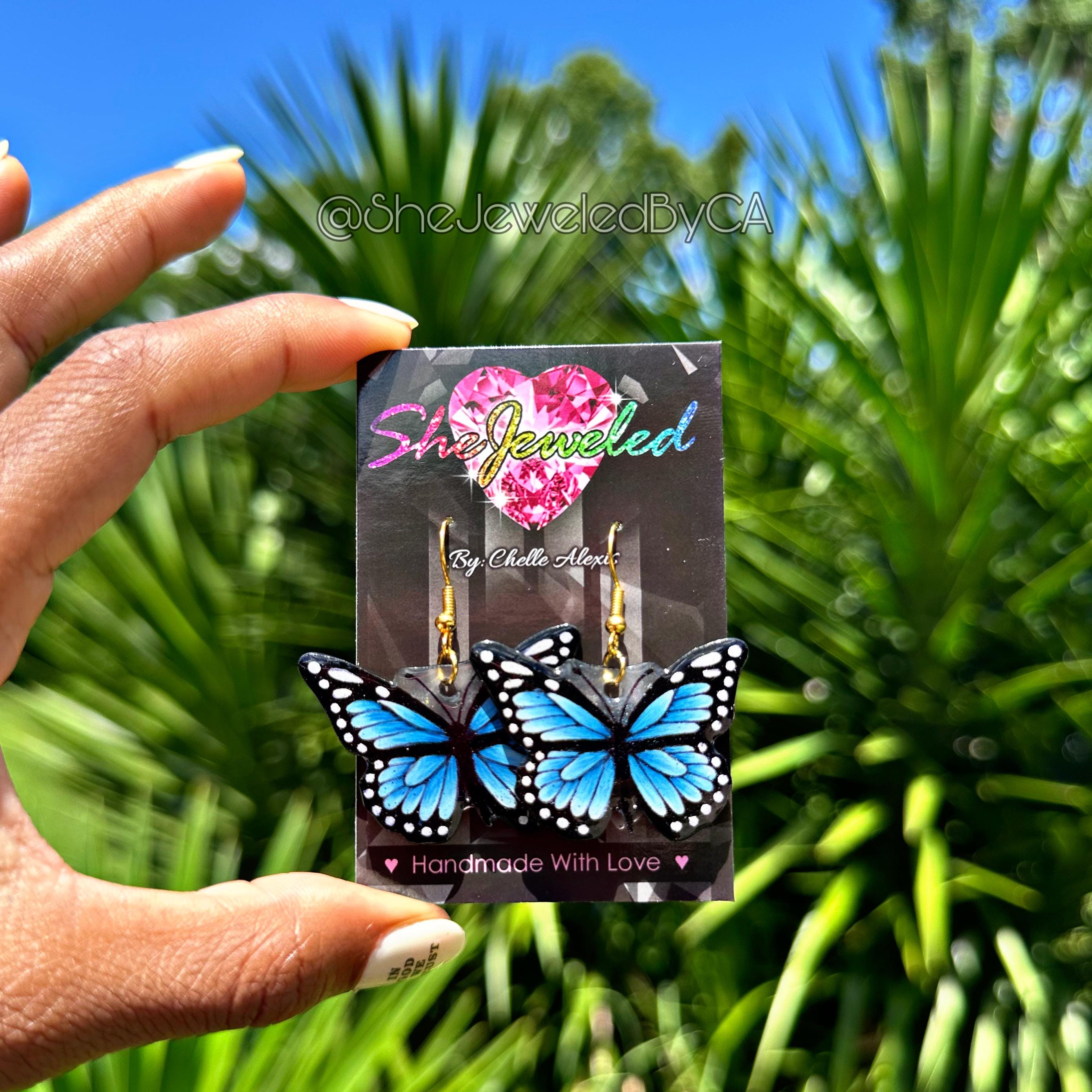 手描きの青い蝶のイヤリング スターリングシルバー 低刺激性イヤリング