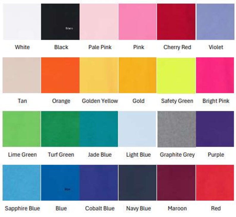 May include: A color palette featuring swatches of various colors, including white, black, pink, red, and blue. Each color is labeled with its name, such as "White," "Black," and "Pink." The palette includes a wide range of hues.