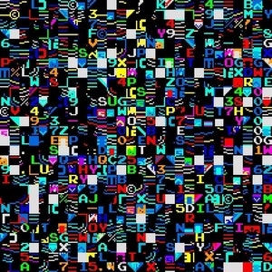 May include: A colorful abstract image with a pixelated design. The image is made up of a variety of letters and numbers in different colors, including red, blue, green, yellow, and white. The background is black.