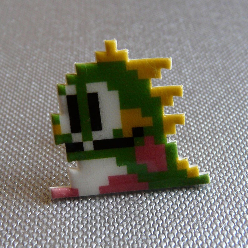 Bubble Bobble Bub Pin // Arcade Nintendo Hat Pin // Pixel Tie Tack // Retro lapel pin // resin coated shrink plastic similar to enamel pin image 2