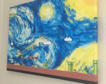 starry night in super mario world - wrapped canvas print wall art 20x16