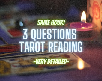 Könnte beinhalten: Eine Anzeige für einen Tarotkartenlesedienst, der eine 3-Fragen-Lesung für die gleiche Stunde anbietet. Die Anzeige zeigt eine brennende Kerze und Tarotkarten mit dem Text "SAME HOUR! 3 QUESTIONS TAROT READING -VERY DETAILED- "