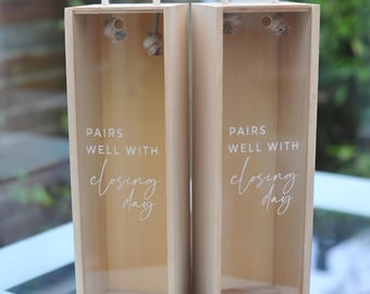 Personalized Closing Day Wine Box with Acrylic Lid – Custom Engraved Housewarming Gift for New Homeowners, Realtors, First Home Celebration