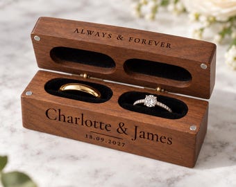 Personalized Ring Box – Double Engagement Wood Ring Box, Ring Bearer Box, Proposal Engraved Ring Pillow, Personalized Wedding Ring Box