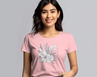 Floral Art T-Shirt, White Flower and Leaves Design, Elegant Monochrome Fashion Top, Unisex Tee