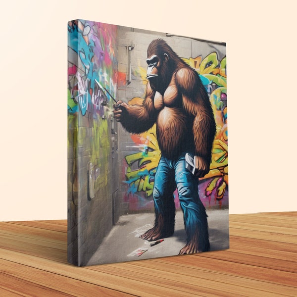 Bigfoot Graffiti Artist Wall Art, Urban Street Art Canvas, Colorful Mysterious Sasquatch Decor