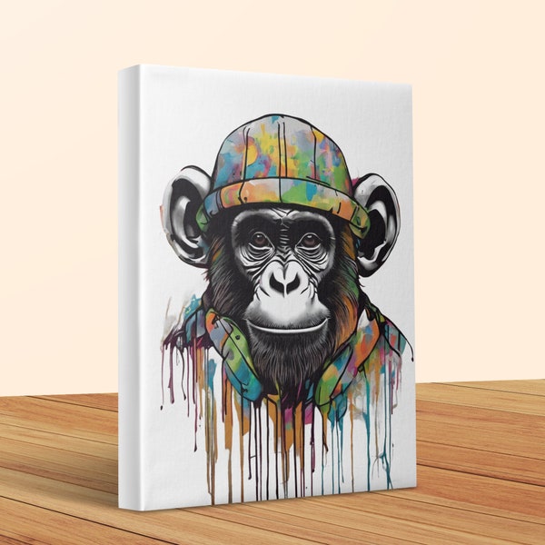 Colorful Chimpanzee Art Print, Urban Style Monkey with Hat Wall Art, Modern Home Decor, Unique Wildlife Artwork