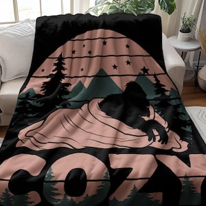 Cozy Bigfoot Blanket, Sasquatch Lover Gift, Mountain and Stars Blanket, Cryptid Bedding, Cozy Home Decor