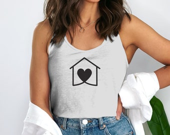 Minimalist Heart Home Icon Tank Top, Black and White Graphic Tee, Stylish Summer Wear