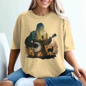 Bigfoot Banjo T-Shirt: Forest Sasquatch Graphic Tee