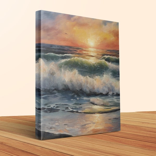 Sunset Beach Oil Painting Canvas Print, Colorful Seascape Wall Art, Ocean Waves Home Decor, Large Artwork