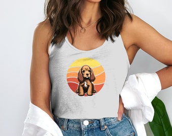 Cute Puppy Graphic Tank Top, Sunset Dog Illustration, Unisex Summer Sleeveless Shirt