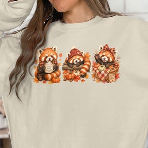 May include: A beige crewneck sweatshirt featuring a graphic of three red pandas surrounded by autumn leaves and pumpkins. The first panda holds a mug labeled 'Pumpkin Spice & Cozy Vibes', the second wears a hat, and the third sits in a basket.