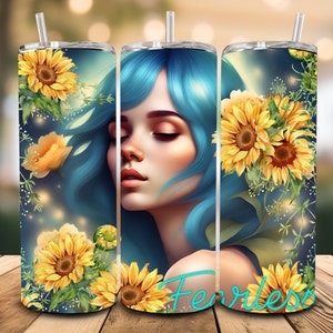 May include: A stainless steel tumbler with a design featuring a woman with blue hair and sunflowers. The text "Fearless" is printed on the tumbler.