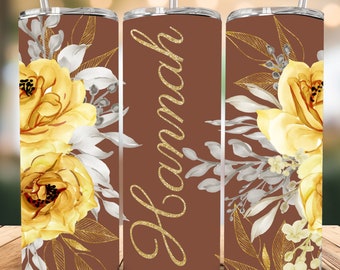 Yellow Floral Glitter Add a Name Seamless Tumbler Wrap PNG & PDF, 20oz Skinny Sublimation Tumbler Design, Digital Tumbler Wraps
