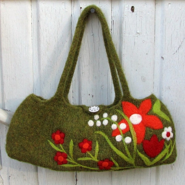 Light moss green hand knit felted bag with beautiful needle felted flowers